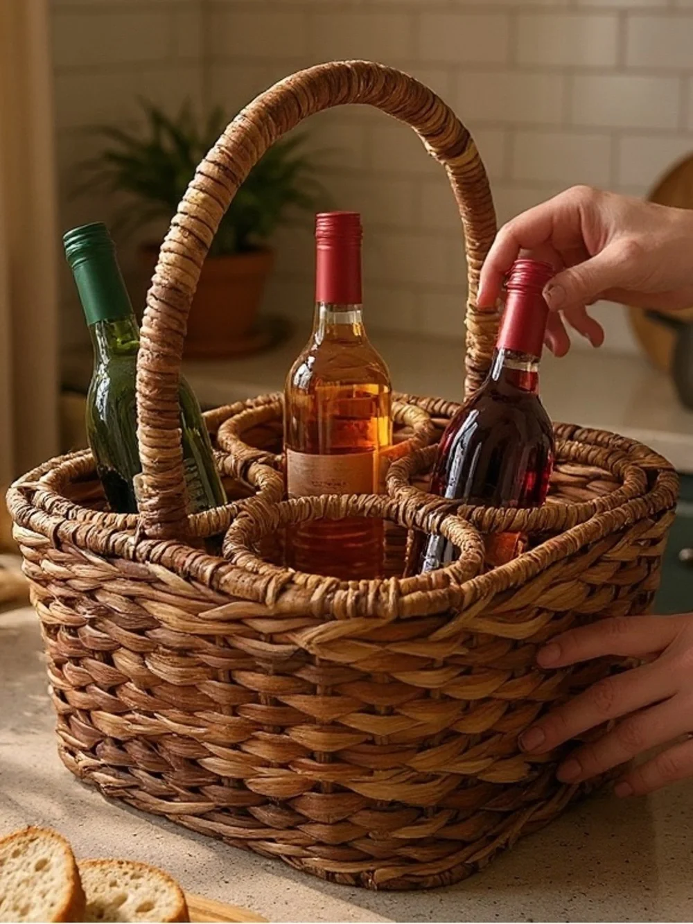 Vintage Woven Rattan Wine Carrier Basket – Brown
